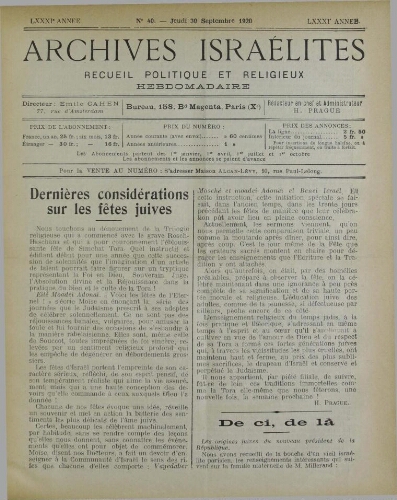 Archives israélites de France. Vol.81 N°40 (30 sept. 1920)